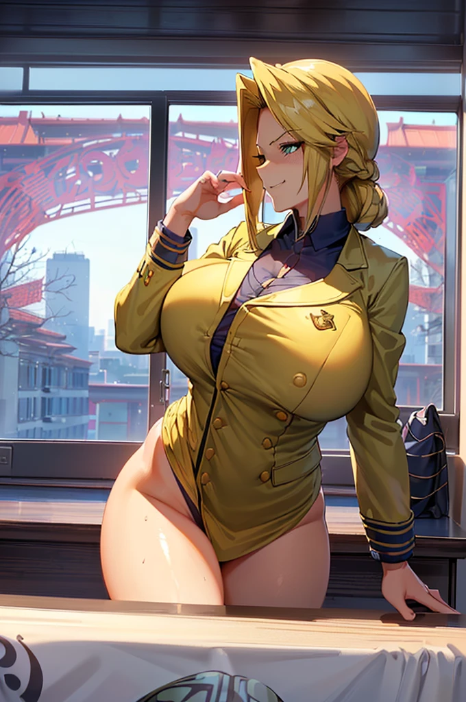  8k(blazer:1.5)8k((high school girl:1.7))
(woman,Huge breasts,(Huge breasts:1.5),とても唇が赤いHuge breastsを強調,Big Ass,Narrow waist,Long legs,Green Eyes Standing)
8k((Anime Style,Henyohe 8k((Anime Style,A sloppy smile,Face mischievous face,The facial expression is accurate))
8k((He is sticking his upper body out of the window and holding his right hand over his face.))
8k((Staring at me))
8k Sad face 8k((profile))
8k((classroom))
8k((Focus on the face))
8k((sunny))
8k((Beauty))
8k((The depiction of blonde hair is solid.))
8k(Firm body shape)
With a solid pose