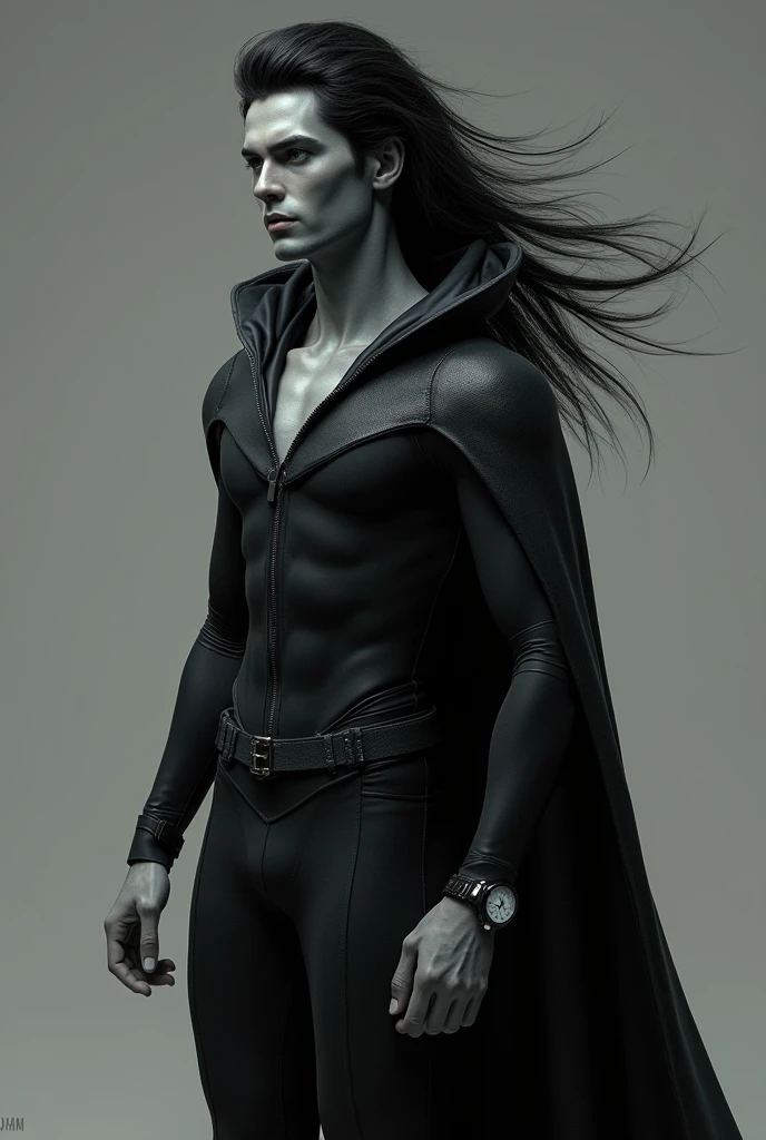 Make a slender humanoid man of gray color and long black hair styled,  that he has a black superhero-style tunic with a hood  style, and that he has a watch on his hand 