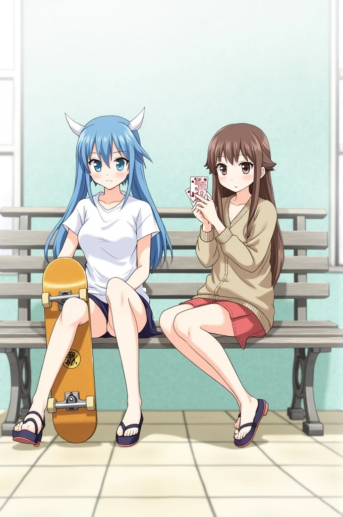 Miya Chinen from the anime Skate the Infinity and Runa Yomozuki from the anime Kakegurui, both sitting on a bench, Staring expressionlessly, Runa holds some cards and Miya has a skateboard on her feet, do it anime style not very realistic