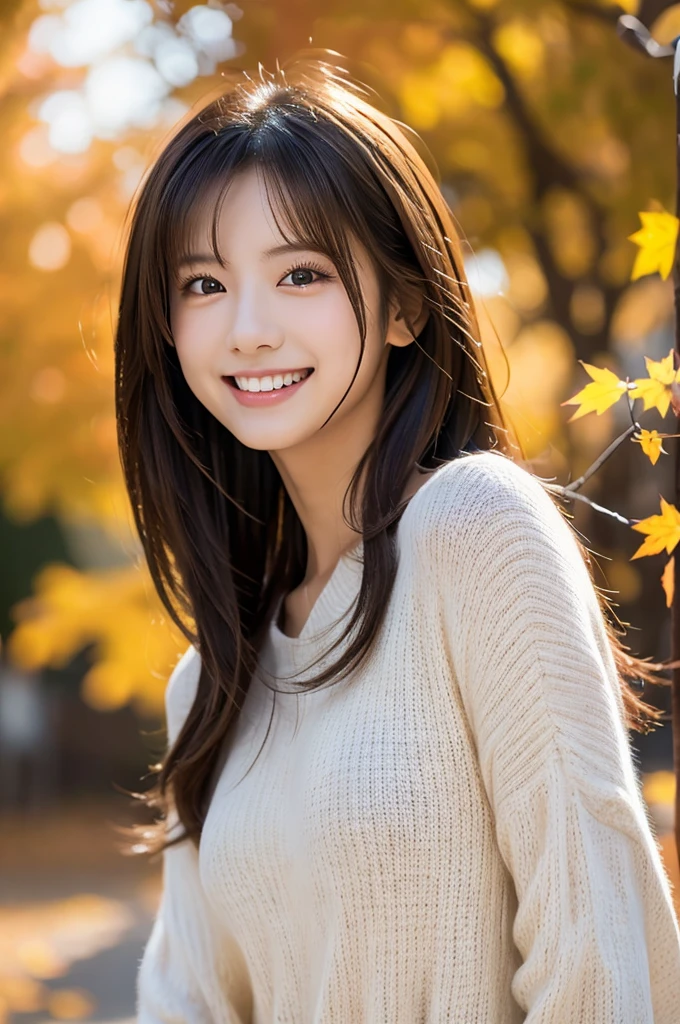 Image resolution 8K、Representative works:1.3)、Beauty、1 female、(魅力的なbody:1)、abdomen:1.1、Dark Brown Hair:1.1、(body:1)、Super detailed facial features、Attractive lips、double eyelid、Wearing a fashionable and stylish V-neck shirt、Super realistic and super cute details、Japanese women、10th generation(18-year-old)、Adorable smile with a smile、Hair blowing in the wind、color々Hair style、Portrait in the studio、Maple leaves are turning red in the autumn season.、