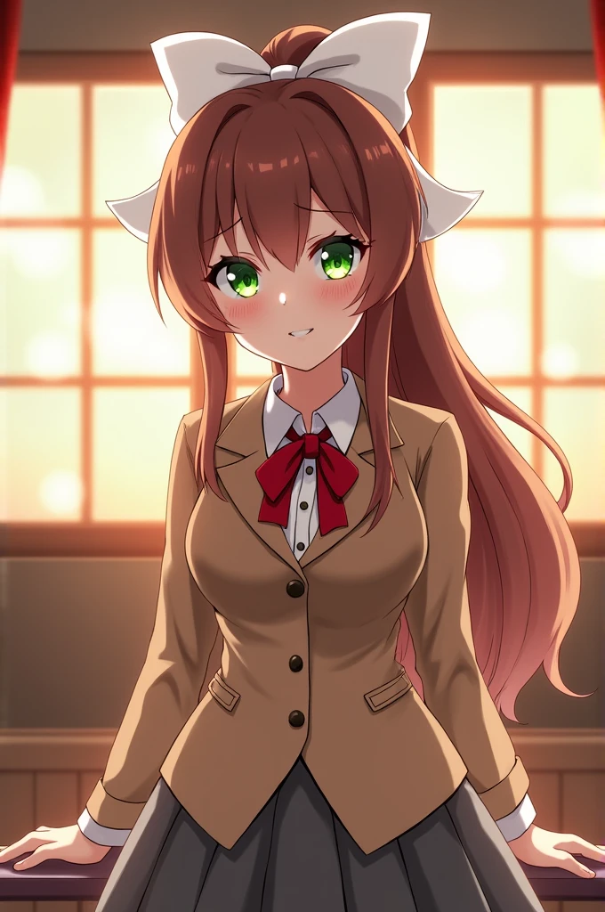 Monika from Doki Doki Literature Club in a realistic anime Screencap.Monika is depicted in a close-up shot, gazing directly at the viewer with her signature warm smile, which has a hint of mystery. She has long, flowing brown hair, styled in a high ponytail with a large white bow. Her emerald-green eyes are bright and captivating, reflecting intelligence and an underlying depth. She wears the classic school uniform: a brown blazer over a white blouse with a red ribbon, and a pleated grey skirt. The background is set in the Literature Club room, with sunlight streaming through the windows, casting a soft, warm glow.