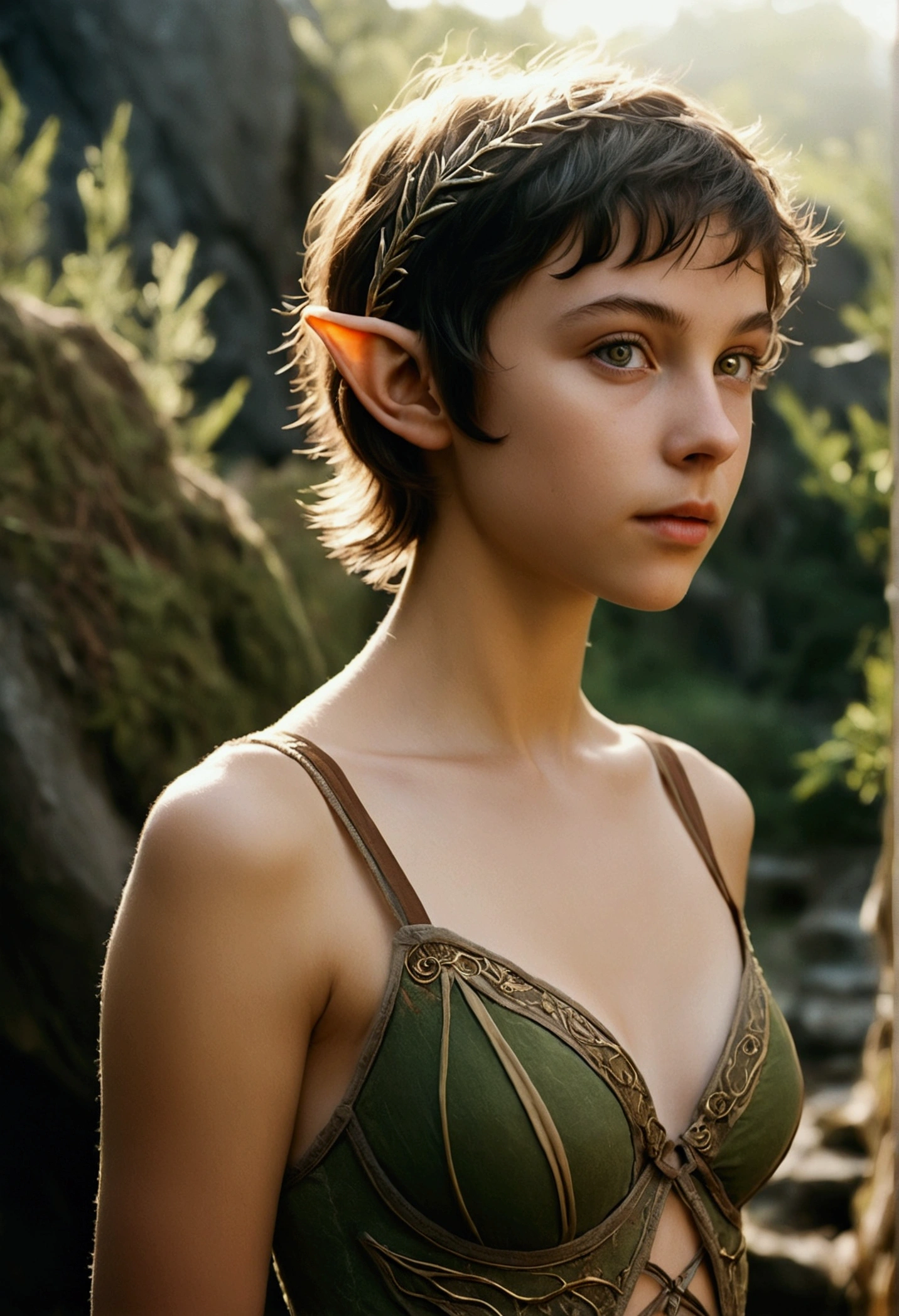 analog film photo, photo of a young elven girl, 18 years old, elf ears, amber eyes, dark brown hair, shaggy pixie cut, sun-tanned complexion, olive skintone, slender hourglass figure, narrow waist, full hips, plump buttocks, wearing elven lingerie, resembles Mackenzie Foy, strolling through a fantasy landscape, RAW Photograph, dslr, soft lighting, high quality, film grain, Fujifilm XT3, detailed skin with visible pores, insane details, masterpiece, 8k, 35mm photograph, dslr, kodachrome, faded film, desaturated, grainy, vintage, Lomography, stained, highly detailed, found footage, close-up shot, elven ears