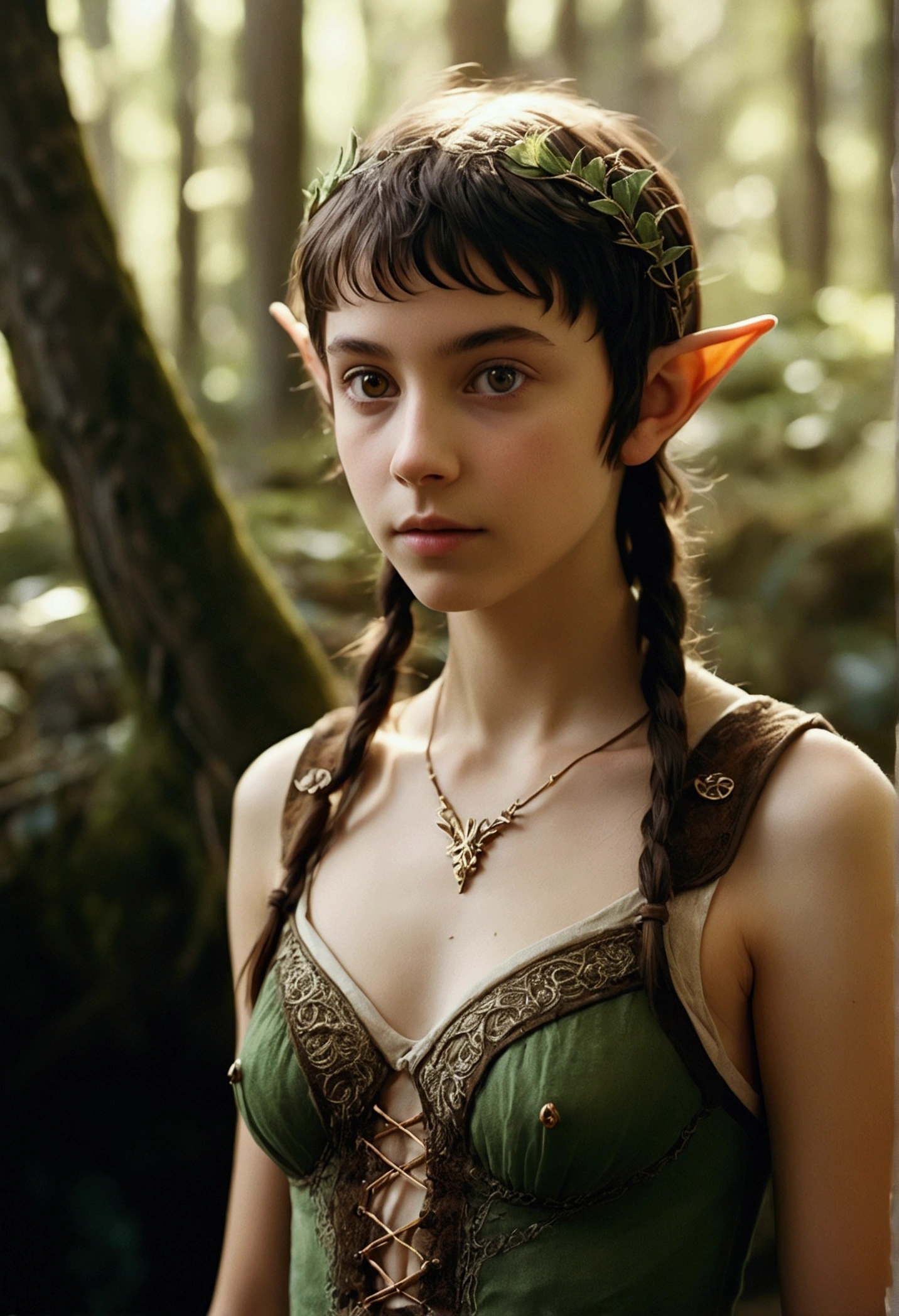 analog film photo, photo of a young elven girl, 18 years old, elf ears, amber eyes, dark brown hair, shaggy pixie cut, sun-tanned complexion, olive skintone, slender hourglass figure, narrow waist, full hips, plump buttocks, wearing elven lingerie, resembles Mackenzie Foy, strolling through a fantasy landscape, RAW Photograph, dslr, soft lighting, high quality, film grain, Fujifilm XT3, detailed skin with visible pores, insane details, masterpiece, 8k, 35mm photograph, dslr, kodachrome, faded film, desaturated, grainy, vintage, Lomography, stained, highly detailed, found footage, close-up shot, elven ears