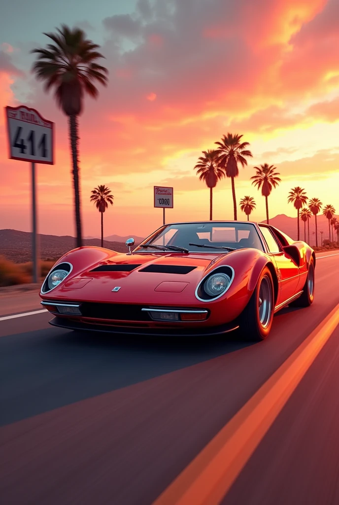 Create a hyper-realistic image of a luxury sports car moving at high speed in a retro style. The car should have a classic 1970s design, painted in a vibrant metallic red color. Place the car on a scenic route with vintage roadside signs, palm trees, and a sunset sky. Include slight motion blur on the wheels and the road to emphasize speed. The sky should have warm, nostalgic tones with streaks of orange and pink, creating a dynamic and exhilarating atmosphere.