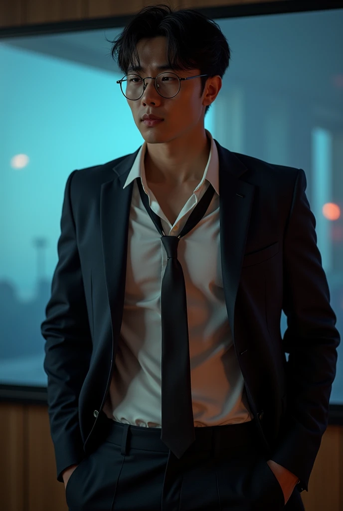 A gentleman korean ,30yr old,R18,Business suit,Abs,eye glass,white colors,cover,Excitation,whair,Large screen,8K,black necktie, sweat, unbutton buttons shirt, lewd face ,tight chest, sex,See-through shirt, horny, erotic