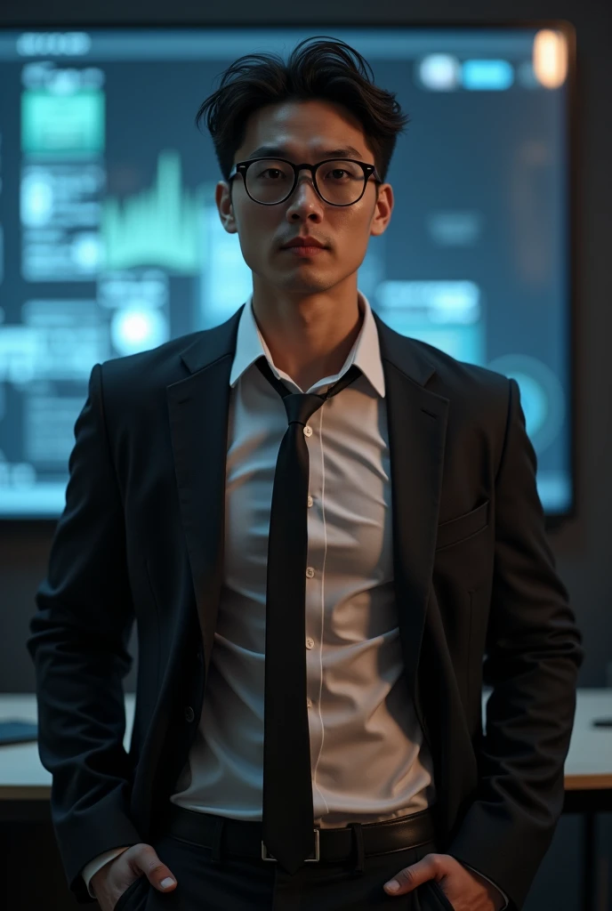 A gentleman korean ，30yr old，R18，Business suit，Abs，eye glass，white colors，cover，Excitation，whair，Large screen，8K，black necktie, sweat, unbutton buttons shirt, lewd face ,tight chest, sex,See-through shirt, horny, erotic