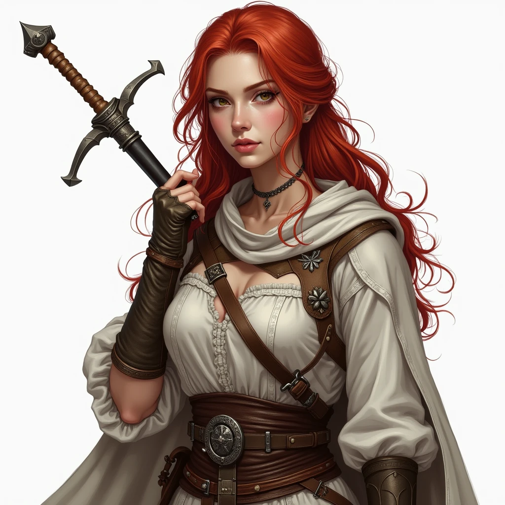 Draw a VERY REALISTIC fantasy style drawing of a woman with , redheadwear, white skin with war clothes and sword