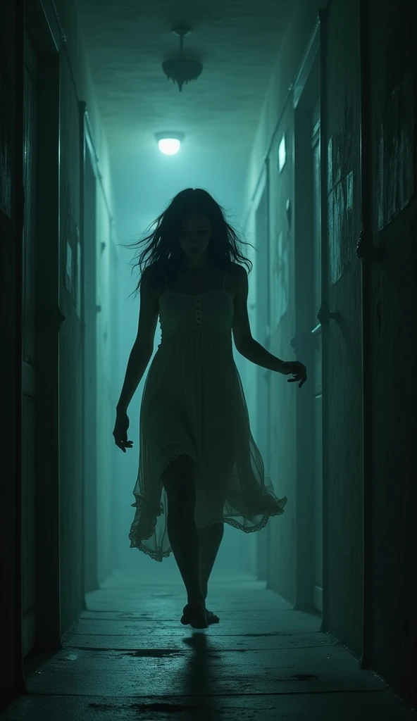 A distraught Sunaina, in her nightgown drenched in sweat, is frantically searching for Kittu in a dimly lit, narrow hallway. The walls around her are covered in shadowy figures, with Kittu's faint voice echoing from nowhere.