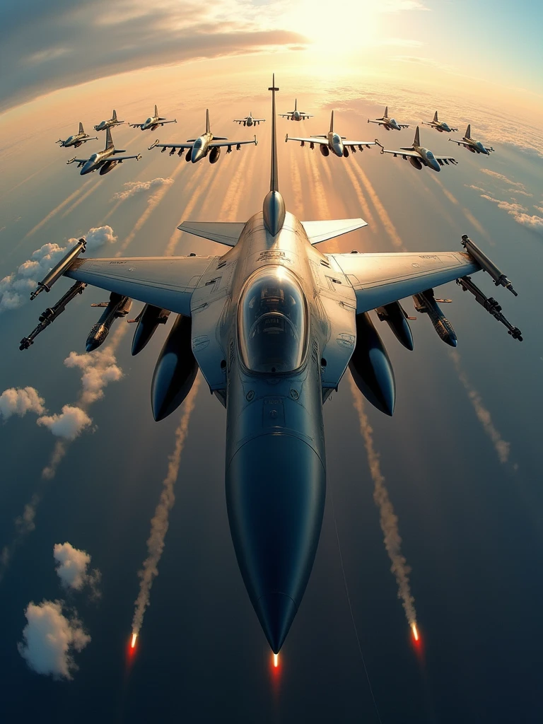 high resolution, best quality, backlit, Side corners, Masterpiece, precise, damaged, โมเดลhigh resolution, Highly detailed, high resolutionสุด, The F-16 fighter jet is flying in the air., There are bombs around the squadron of planes,film lighting, film lighting, depth of field, glare, Look up, fisheye lens, 