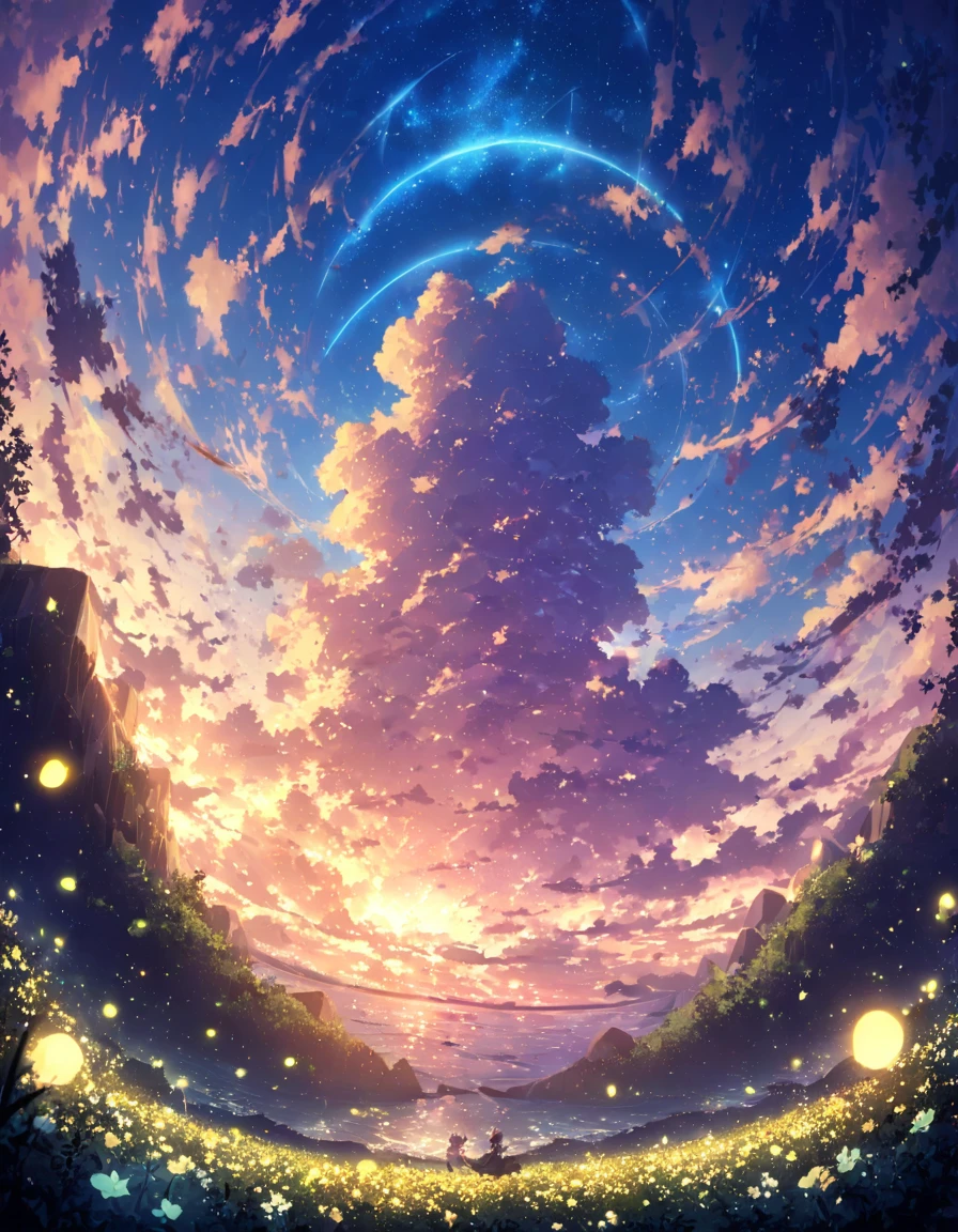 blue sky, White clouds floating in the distance, ((Sea of firefly flowers))、Firefly flowers bloom、Firefly flower field、((There is no one))、 Vast landscape photography , ((Landscape only)), holding a fae wand、Fireflies are flying around. The background features cloud flowers of various sizes.., dream-like, 青い色調のdream-like雰囲気. High definition anime style, High resolution, Capturing the vastness of nature. Soft lighting creates a warm atmosphere.(Glowing lights, Atmospheric lighting), dream-like, Magic,horizon