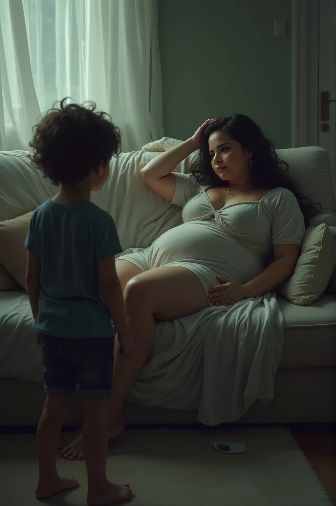 Semi-adolescent child, sees his voluptuous mother sitting on the couch