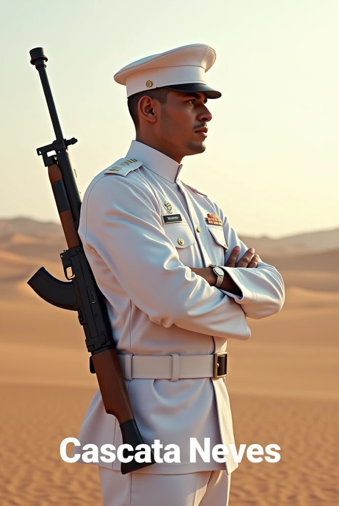 YouTube channel logo featuring a white Brazilian army soldier with crossed arms., profile facing right from the waist up, with an AK47 hanging on his back and the inscription Cascata Neves, the background in the Siaí desert