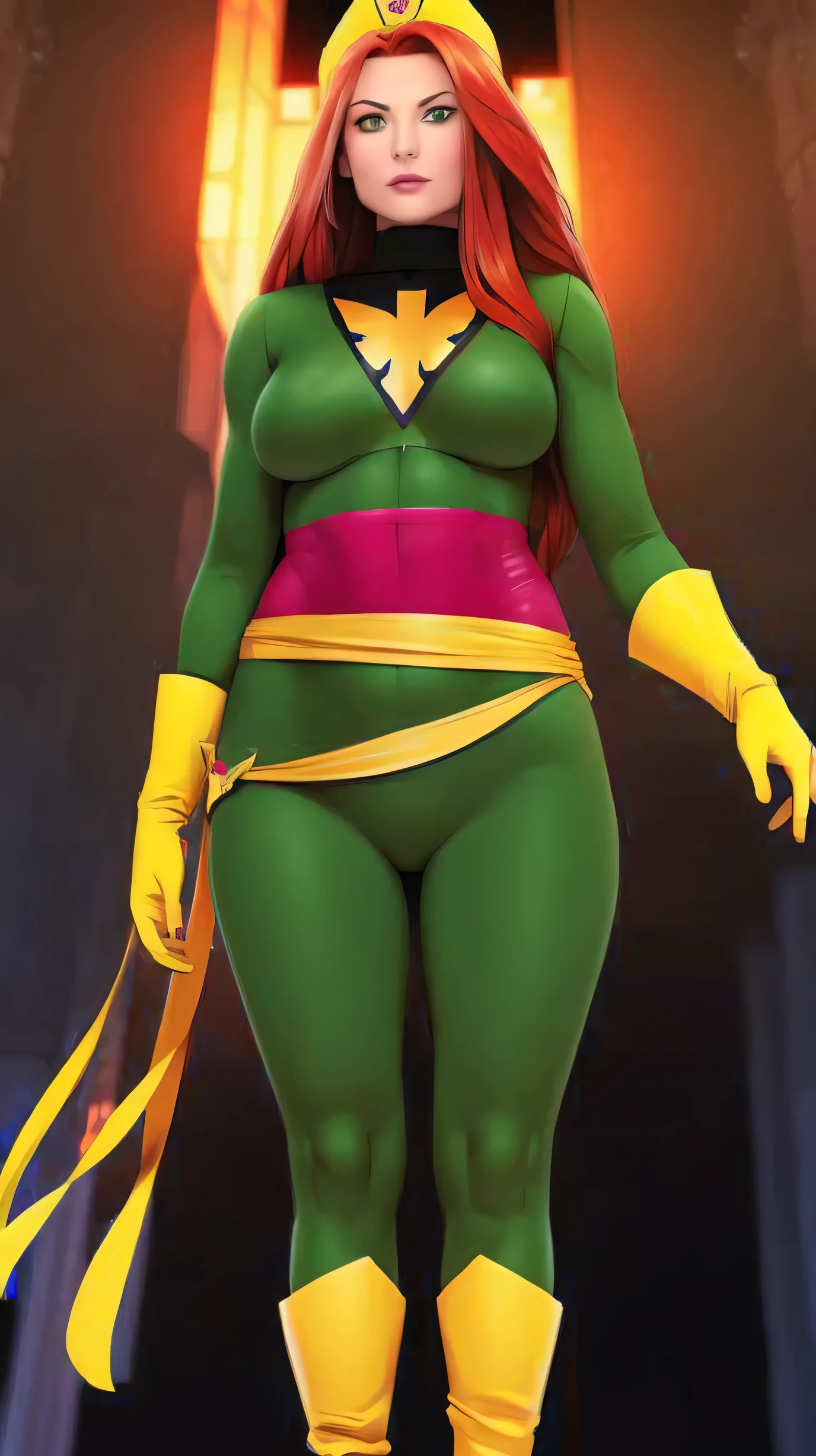 A Soviet military girl, tall, sexy, big chest, good, friendly, happy, long red hair, smooth, her brown eye, pink lip, she dresses in a green metallic top, a black patch, her chest, her waist, a yellow ribbon, and her pants, metallic green, big, thigh, sensual, big yellow boot, wearing a black Soviet winter cap.
