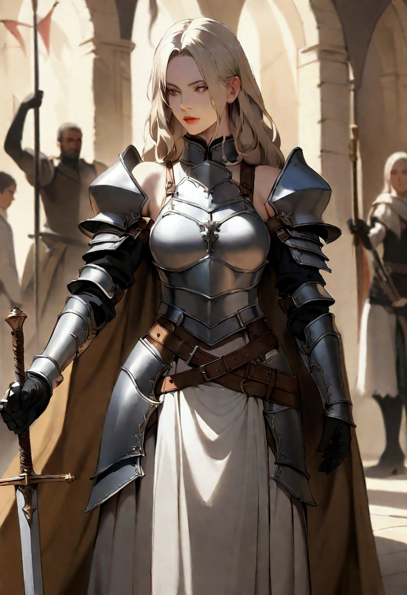 slender, mature female, fine_art_parody, 1girl, long_hair, white_hair, blurry, bare_shoulders, blonde_hair, standing,  breasts, depth_of_field, grey_hair, , weapon, sword, holding, gloves, holding_weapon,black_gloves, holding_sword, cape, belt,knight, armor, elbow_gloves, sheath, armored_dress, gauntlets,sheathed, flag, vambraces
