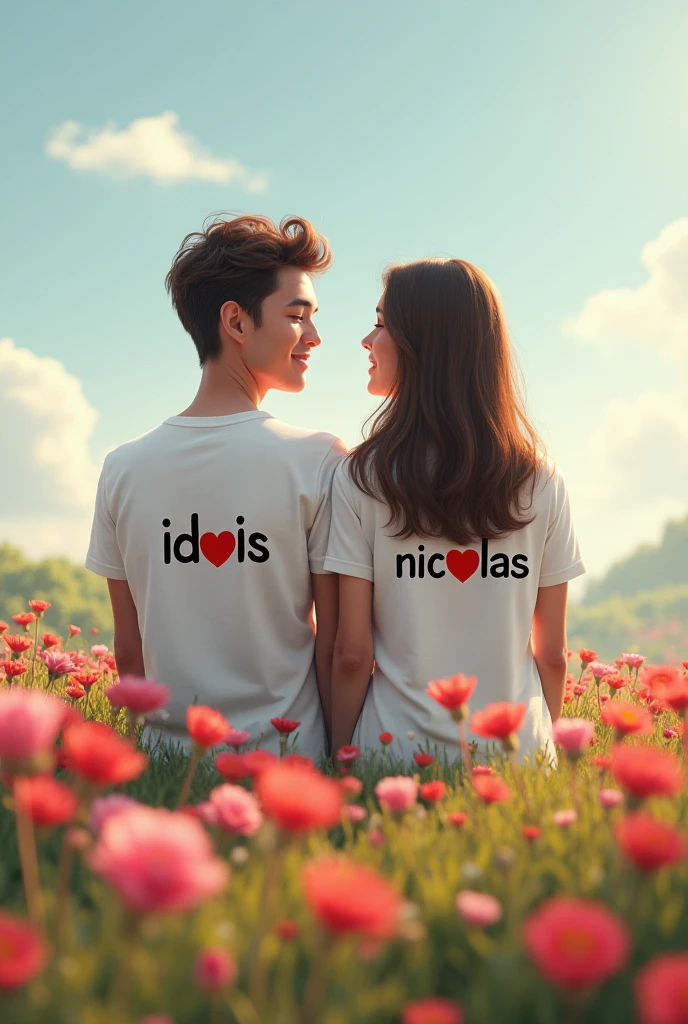 1. A young cute couple, enjoying a peaceful moment on a flower garden peak, both wearing white T-shirts. The boy's T-shirt has the name 'idris' written in deep black letters, positioned above a red heart ❤️. Similarly, the girl's T-shirt features the name 'nicolas' in dark black letters, also above a red heart ❤️.