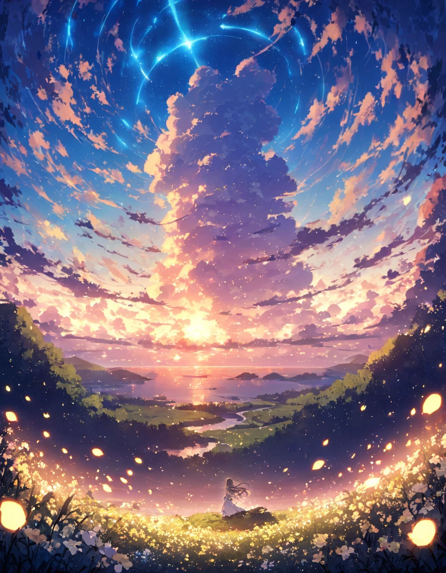 blue sky, White clouds floating in the distance, ((Sea of firefly flowers))、Firefly flowers bloom、Firefly flower field、(Many firefly flowers)、(((There is no one)))、 Vast landscape photography , (((Landscape only))), holding a fae wand、Fireflies are flying around. The background features cloud flowers of various sizes.., dream-like, 青い色調のdream-like雰囲気. High definition anime style, High resolution, Capturing the vastness of nature. Soft lighting creates a warm atmosphere.(Glowing lights, Atmospheric lighting), dream-like, Magic,horizon