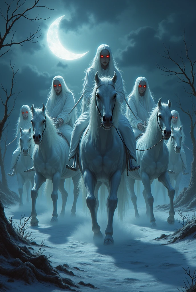Make 13 ice vampires with red eyes riding horses at night