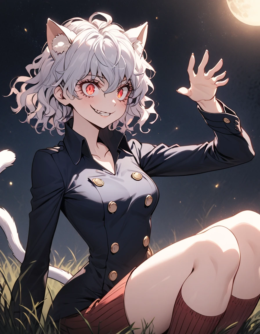1girl, neferpitou, short hair, red eyes, animal ears, tail, white hair, cat ears, cat tail, curly hair, long sleeves, shorts, model's expressiion, silver hair, short and curly hair, cat ears, red eyes, large pupils, double eyelids, slender eyebrows, long eyelashes, small nose, small mouth, sharp jawline, blue military-style coat, six gold buttons, short red striped skirt, high collar, long sleeves, slender wrists, flexible fingers, white skin, cat-like claws, red striped knee-high socks, blue shoes, sturdy soles, slender ankles, small feet, long legs, muscular thighs, thin waist, wide shoulders, cat-like gaze, long neck, straight shoulder line, straight back, muscular arms, long fingers, firm upper arms, soft hands, small palms, cat-like smile, serious furrowed brows, pointed ears, pink inside of ears, thin eyelids, upward curled eyelashes, vertical slit pupils, cat whisker-like cheek markings, many lower eyelashes, small nostrils, thin lips, pointed chin, protruding collarbones, straight posture, high hips, muscular thighs, pointed knees, well-fitted socks, neatly tied shoelaces, soft cat ears, rounded ear tips, soft fluffy hair, thin eyebrows, light pink lips, white teeth, well-shaped lips, smooth skin, sensitive ears, reflective pupils, heavy eyelids, slightly curved cat ears, well-fitted coat, wide skirt hem, shining buttons, slightly old shoes, hair waving in wind, sparkling pupils, moving cat ears, nighttime forest background, moonlight, starry night sky, G-cup chest, cocky cat-like expression, thick glossy thighs and hips, detailed texture of hair and clothing, light and shadow contrast, background details including swaying grass and old building, specific lighting conditions with moonlight casting shadows, detailed coloration of outfit with deep blue and red stripes, intricate design of buttons, and emotional depth in expressions showing defiance, joy, and determination.