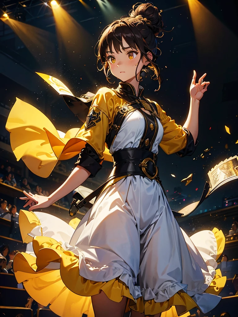 In the spotlight, Black Background, fantasy class,Bun Hair,Brown Hair, Cowboy Shot,Looking_in_Audience, White and yellow clothes