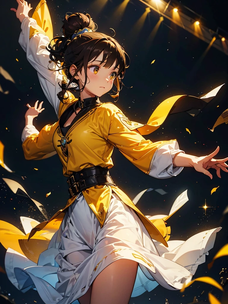 In the spotlight, Black Background, fantasy class,Bun Hair,Brown Hair, Cowboy Shot,Looking_in_Audience, White and yellow clothes