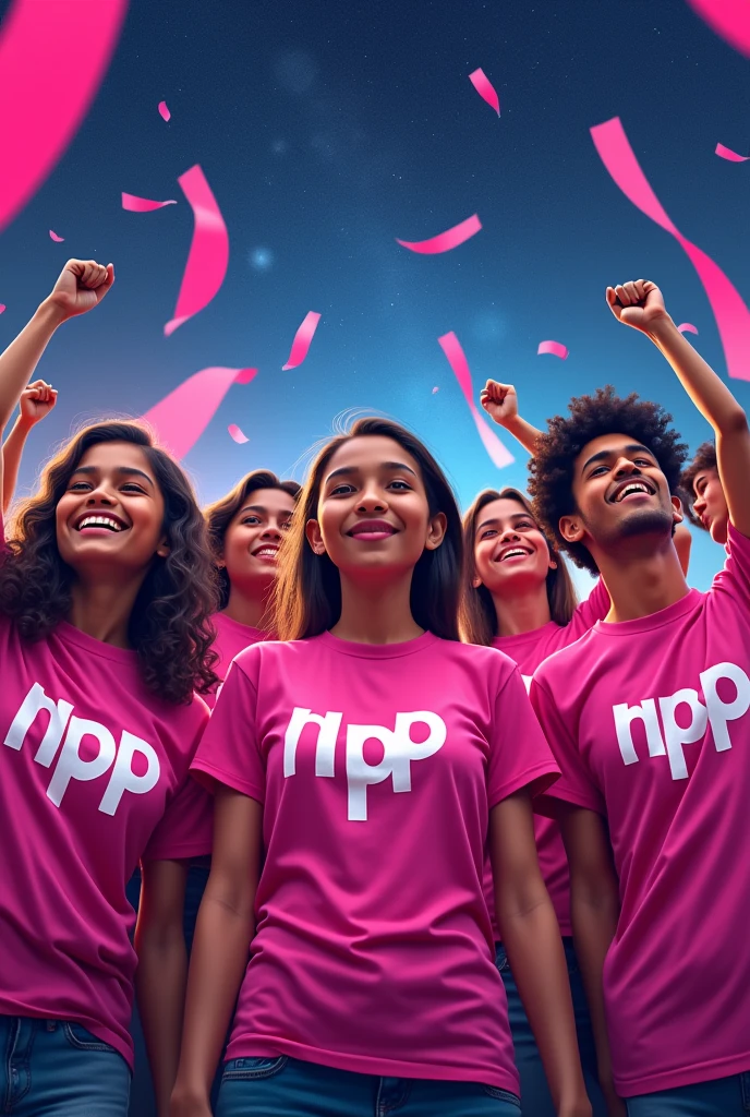 Word "Npp WIN" Sri Lankan young peoples with NPP printed pink color t shirt, pink color 5 bunting strips in universe 