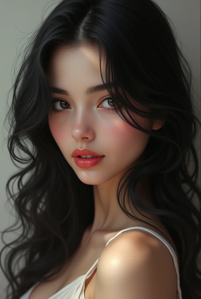 Woman with long black hair, slanted eyes, an intense gaze full of passion, and a flirtatious smile.