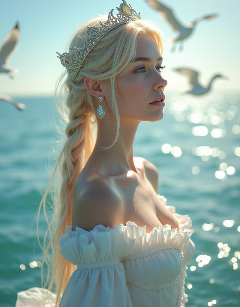 ,((best qualityer))),8k,((work of art)),(Extremely refined and beautiful), there is a girl coming out of the sea, a swan princess in Russian mythology, beautiful calm face, blue colored eyes, long braided blonde hair, the moon braided hair at the back of the head, bright white Russian clothes with a Kokoshnik crown on the head, affectionate eyes, half smile, a gentle expression on your face, seascape and sunlight in the background, Seagulls in the sky, Full length, Reality