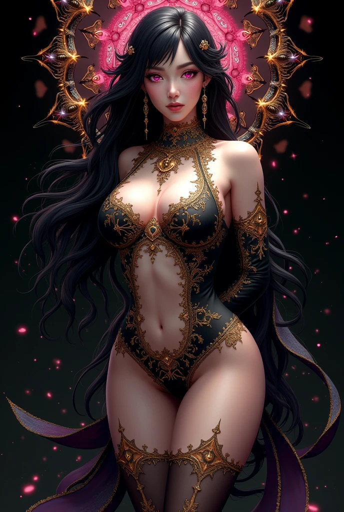 pink eyes, black hair, ((black background)), Official art, Unity 8k Wallpaper, Ultra-detail, Beautiful and aesthetic, masterpiece, Best Quality, (zentangle, mandalas, Tangle, Entangle), (fractal art:1.3) , 1girl, huge tits, extra thick thighs, Extremely detailed, Most Beautiful Form of Chaos, elegant, a brutalist designed, vivd colour, romanticism, Atmospheric, arms behind back, (((((anime style))))), thick body, think waist, big hips, leather and lace, gold details, gold elements, gold particles, glowing particles, sparks, ornate jewelry, 