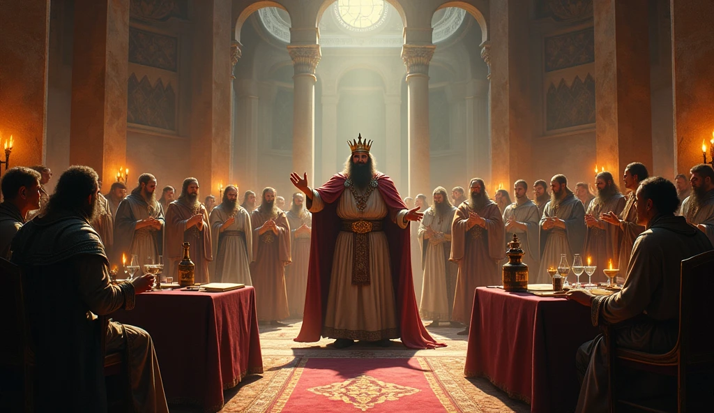 Illustrate a grand and dramatic scene where an ancient king, dressed in regal robes and a crown, gathers scientists, alchemists, and advisors in his royal court. The king stands at the center, looking authoritative and commanding, perhaps gesturing with his hand or holding a scroll. Surrounding him are scholars with ancient manuscripts, alchemists with strange potions and bubbling cauldrons, and astrologers holding celestial maps or astrological charts. The setting is a grand, ornate hall with tall pillars, burning torches, and intricate carvings on the walls. The atmosphere is filled with tension and urgency, as the king demands solutions for a significant problem, such as the secret to immortality or a grand new invention. The lighting should create deep shadows, highlighting the intensity of the moment and the king's powerful presence."
