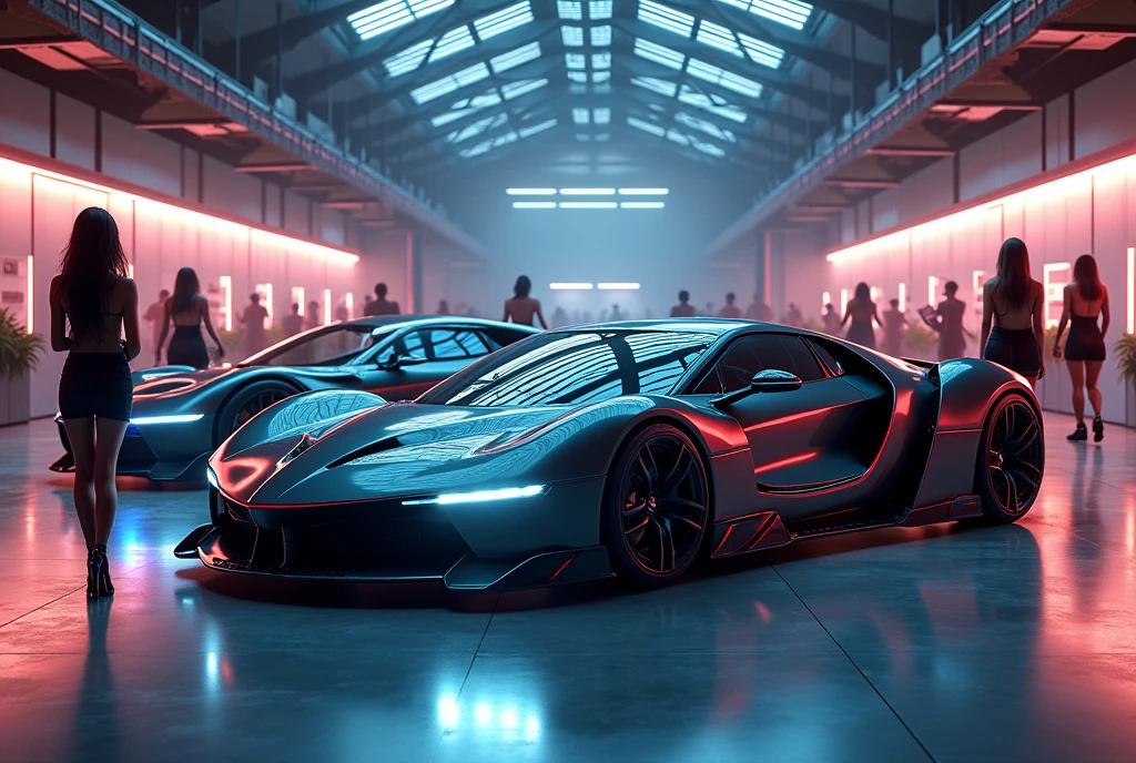 (Highest quality,Extremely detailed depiction,Incredibly absurd high resolution),Cars displayed at the motor show:1.3,Near-future automobiles:1.3,Sexy companions around the cars,Movie Posters,