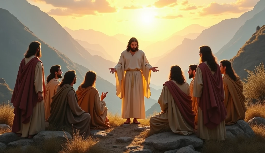 A serene and inspiring scene of Jesus Christ with His disciples on a mountain, as described in several passages of the New Testament. Jesus is at the center, surrounded by his disciples, in an elevated position offering a panoramic view. He is dressed in a simple robe and radiates an aura of wisdom and peace.. The disciples are around, listening attentively and demonstrating expressions of reverence and contemplation. The environment is natural and peaceful, with mountain landscapes and vegetation in the background, capturing the beauty and spirituality of the moment.