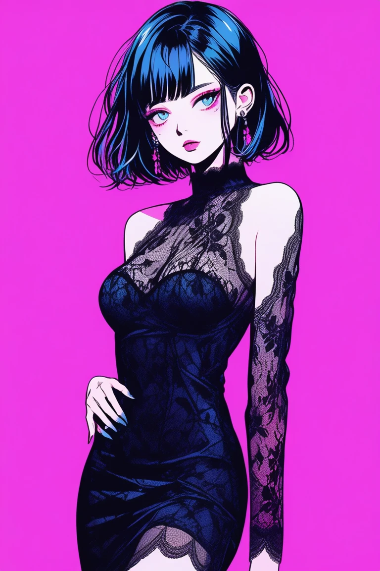 (masterpiece,Highest quality), Illustrator, anime , Realistic ,sketch , 1 person, model, 18-year-old, lip, A sheer gothic black mini dress with lots of lace.., order, Blue and pink gradient background, Short hair in neon colors, Big Breasts, Upper Body, Sexy look, Sexy pose, Texture Trim, Russian, (masterpiece,Highest quality)