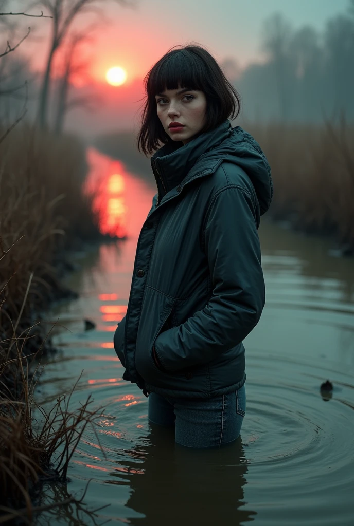 taboo art, forbidden fetish, woman, lightweight tight down jacket,collar only, cold weather:1.0, dark washed old jeans,sinking in muddy bog, photoshoot posing, sexy despair, artistic pose, bob-cut, red green blue, fog, sunset