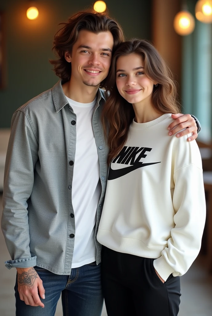 Mia Styles was a daughter from a famous singer Harry Styles, she was er teenager girl, she look like her dad from eyes, lips, smiles and her eyes colour were blue, brown hair, pale white skin, beautiful, wearing Nike logo white sweater in the middle of black bootcut pants. She is standing beside her father who wear casual wear. Her dad was Harry Styles. Her dad look up straight to the camera and place her hand on her shoulder, she smiles and look at camera with piss pose