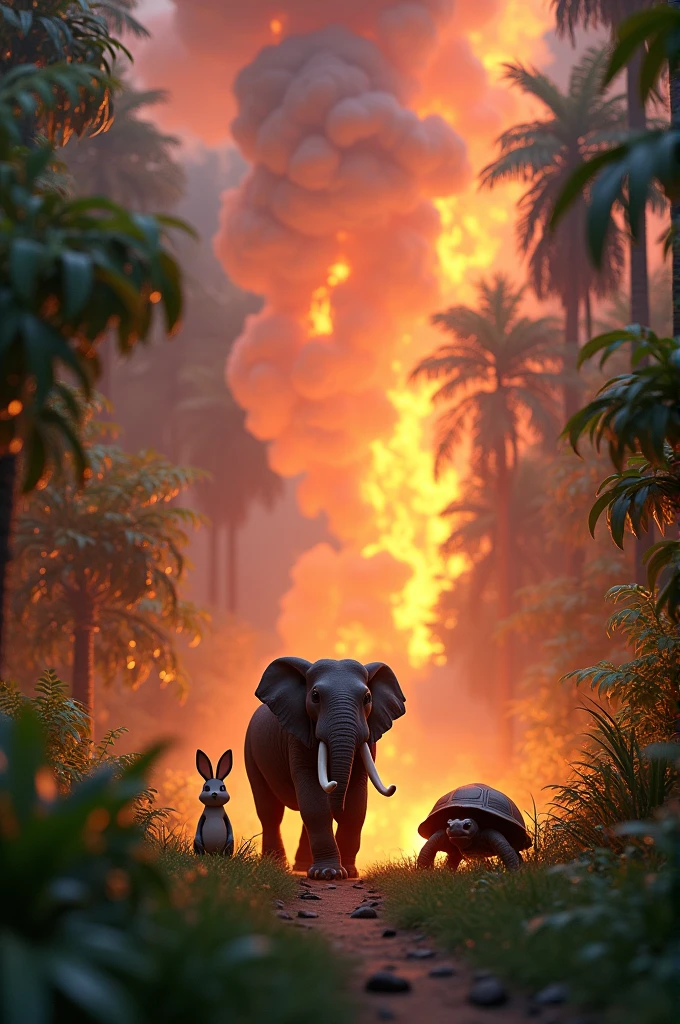 In 3d animation style'**Himalayan Jungle Landscape with Fire**: A dense jungle scene with tall trees and lush greenery, set in the Himalayan region. A large fire is spreading rapidly through the forest, with smoke billowing up into the sky. In the foreground, the animals of the jungle, including a large elephant, a quick rabbit, and a determined tortoise, are gathering to face the challenge"
