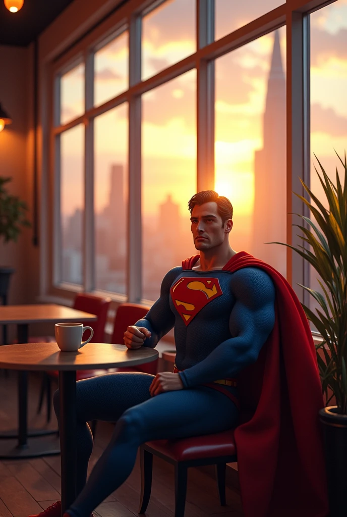 Superman drinking a coffee at a cafe, at sunset