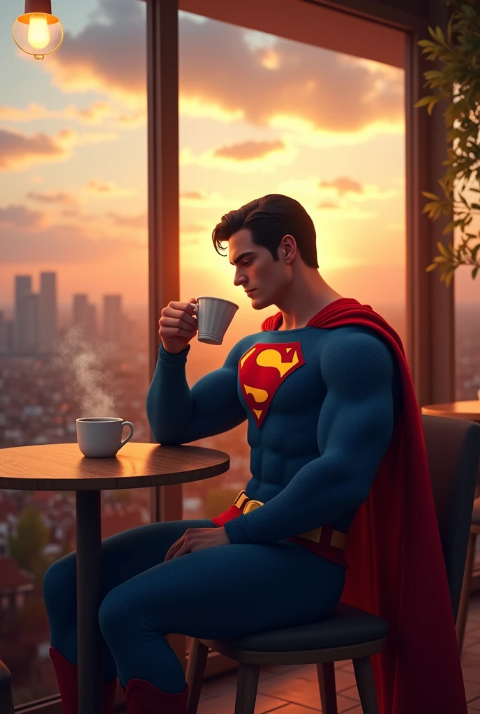 Superman drinking a coffee at a cafe, at sunset