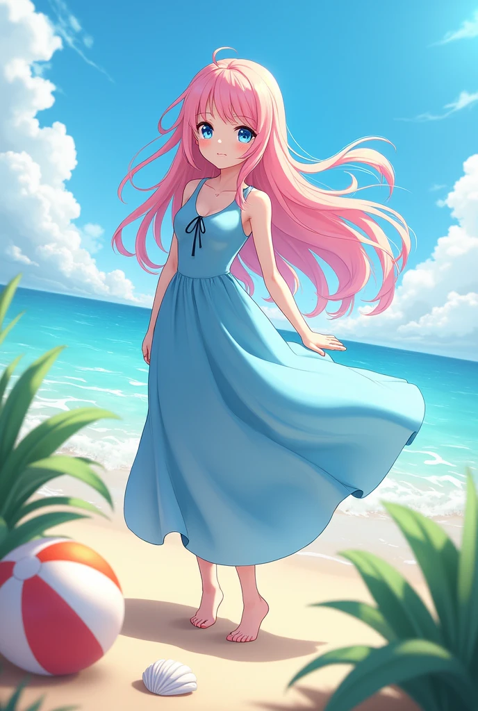 Delicate and beautiful CG art),(anime girl).,(highest quality, Very detailed, High resolution),(Dynamic Angle, Dynamic Lighting),(One character),(Long pink and blonde hair), blue eyes, Beautiful Face), 1 girl, (Long sideburns, plant, smile, long blue dress, 3 days, Ocean, water, Beach ball, shell, sunny, the wind is strong