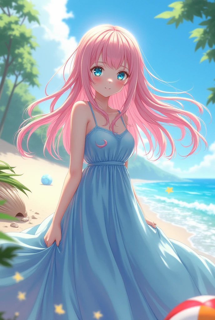 Delicate and beautiful CG art),(anime girl).,(highest quality, Very detailed, High resolution),(Dynamic Angle, Dynamic Lighting),(One character),(Long pink and blonde hair), blue eyes, Beautiful Face), 1 girl, (Long sideburns, plant, smile, long blue dress, 3 days, Ocean, water, Beach ball, shell, sunny, the wind is strong