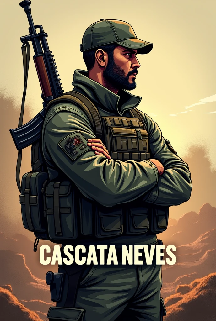 Logo of a YouTube gaming channel featuring a Brazilian Army soldier with his arms crossed, profile facing right from the waist up, with an AK47 hanging on his back and the inscription Cascata Neves, the background in the Siaí desert