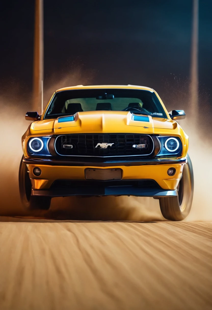high quality long exposure photo of {a facelift monstrous mustang camaro}, open hud, naked engine, hyper power turbo charge, racing with another cars, cinematic shot, slow shutter speed motion photography, whirl dust trail behind, shot on Fuji Film XT4 camera f/2. ISO 200, dynamic motion, cinematic movement, blurry edges, super detailed, perfect motion, side view, best wallpaper quality, 8k, dust trail along the motion with a sand element transition movement of color background