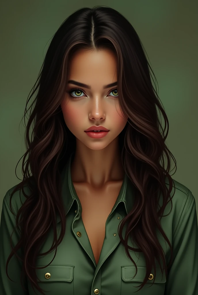 25 year old girl, Her long hair is dark brown and her eyes are green, Her skin is brown, wide square face, His expression is serious and cold, His clothes are in shades of green and brown. front view