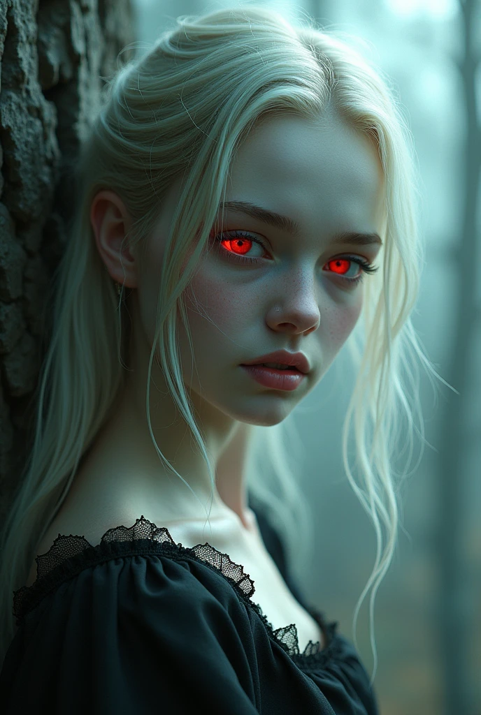 pale skin girl,light blonde hair and red eyes