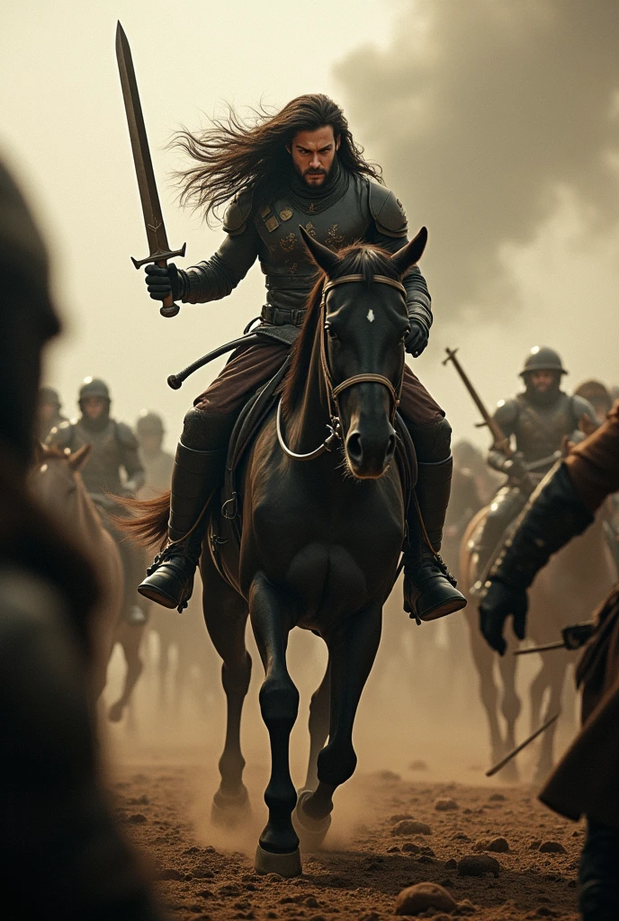 Movie Lenses,Describe a general on horseback,Long hair spread out,Holding a long knife with a ferocious expression,Fighting in the crowd,To keep yourself alive
