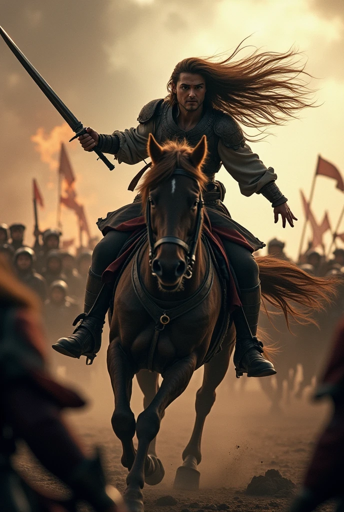 Movie Lenses，Describe a general on horseback，Long hair spread out，Holding a long knife with a ferocious expression，Fighting in the crowd，To keep yourself alive