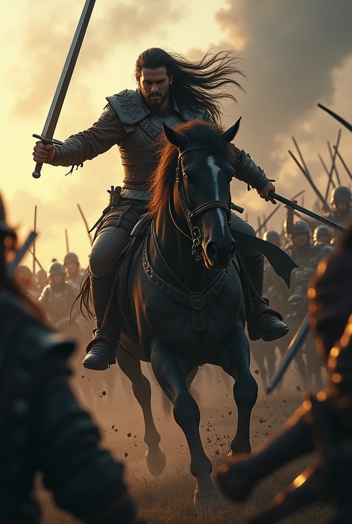 Movie Lenses,Describe a general on horseback,Long hair spread out,Holding a long knife with a ferocious expression,Fighting in the crowd,To keep yourself alive