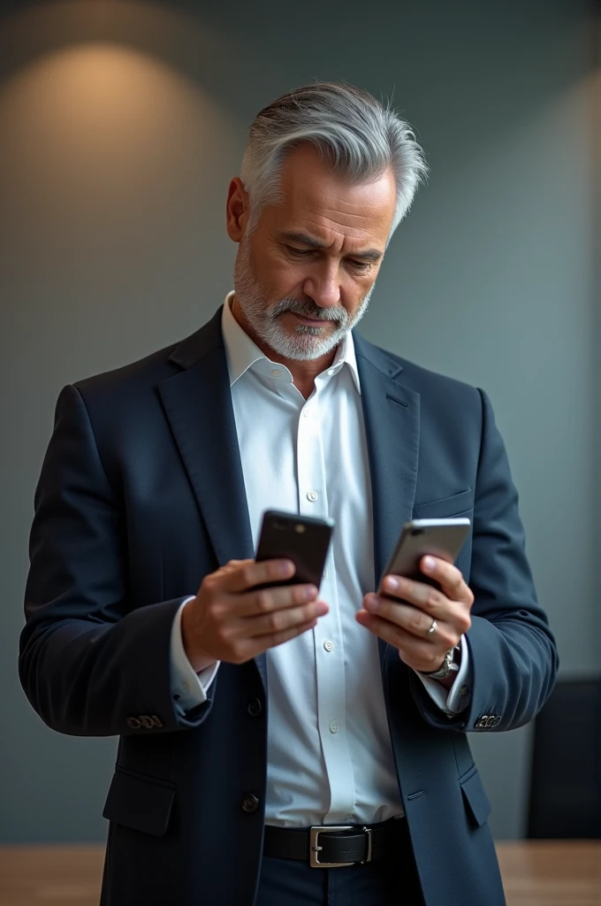 A man has two mobile phones in his hand and is telling which one is correct