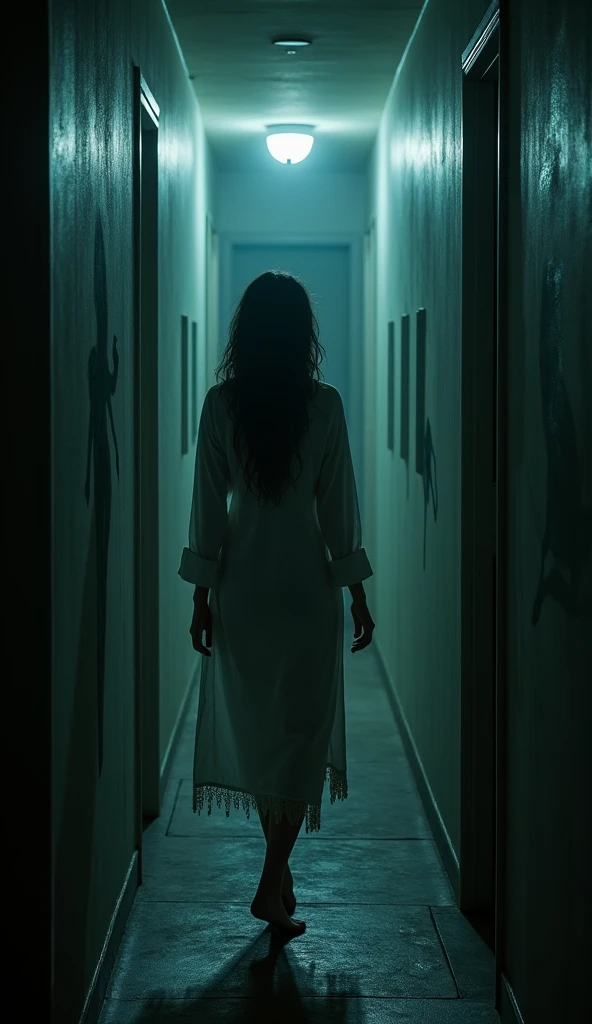 A distraught Sunaina, in her nightgown drenched in sweat, is frantically searching for Kittu in a dimly lit, narrow hallway. The walls around her are covered in shadowy figures, with Kittu's faint voice echoing from nowhere.