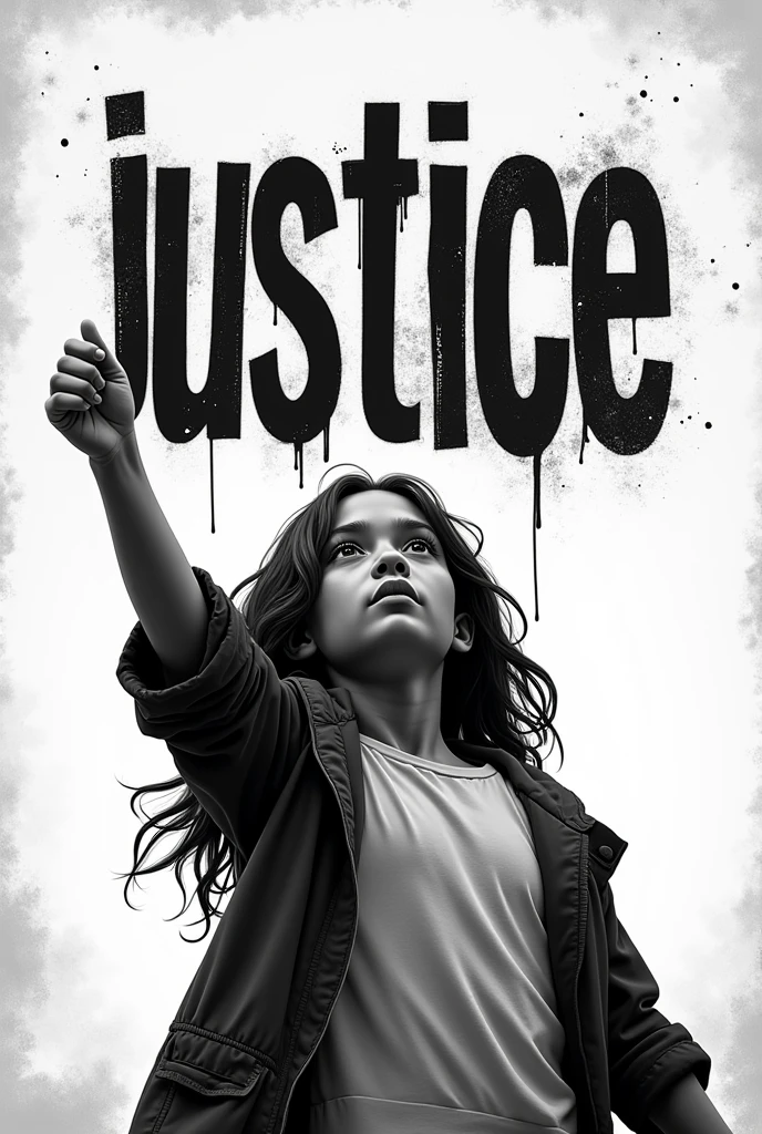 Black and white art in which a girl is asking for justice ,  show justice in text forn