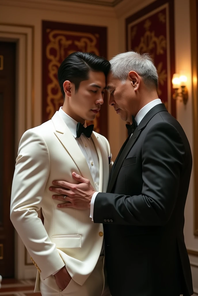 a handsome korean gentleman, 27 years old, groom in formal white hsuit and bow tie, wedding ceremony, provocative and erotic pose, luxurious wedding hall, armpit sweat, Vietnamese scenery, professional attire, handsome and elegant, abstinence sexy, , masculine and handsome, muscular, beautiful looking muscles, white skin, black eyes (1:3 thin eyes), full body photo, erotic face, firm chest, provocative, sexy, intimate with mature vietnamese father-in-law, wearing black suit, muscular, 65 years old